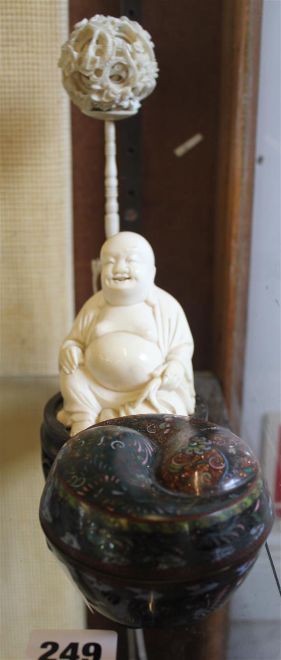 Carved buddha puzzle ball & cloisonne pot & cover